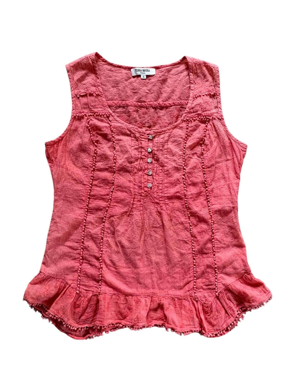 Terra Nostra Embroidered Coral Cotton Gauze Boho Sleeveless Blouse Pom Pom Small